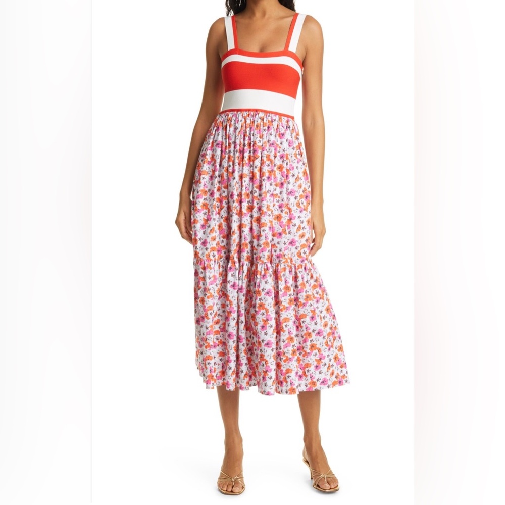 Tanya Taylor Pink & Orange Floral Tiered Midi Skirt